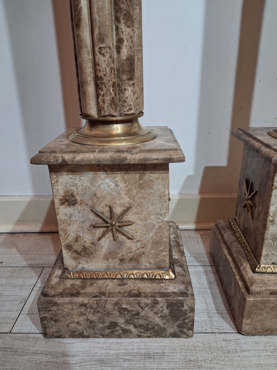 Paire de colonnes en marbre , chapiteau corinthien en bronze , base carrée  XXème-photo-3
