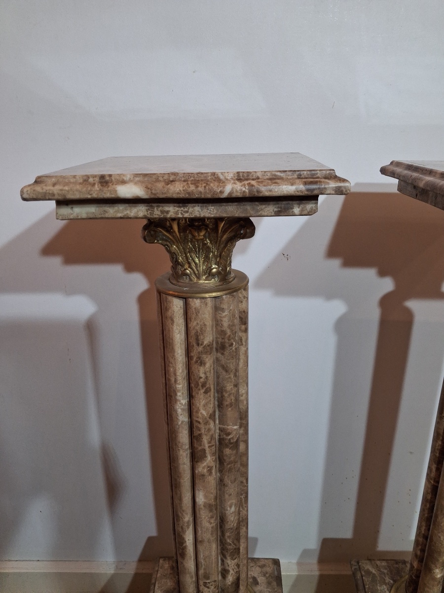 Paire de colonnes en marbre , chapiteau corinthien en bronze , base carrée  XXème-photo-4