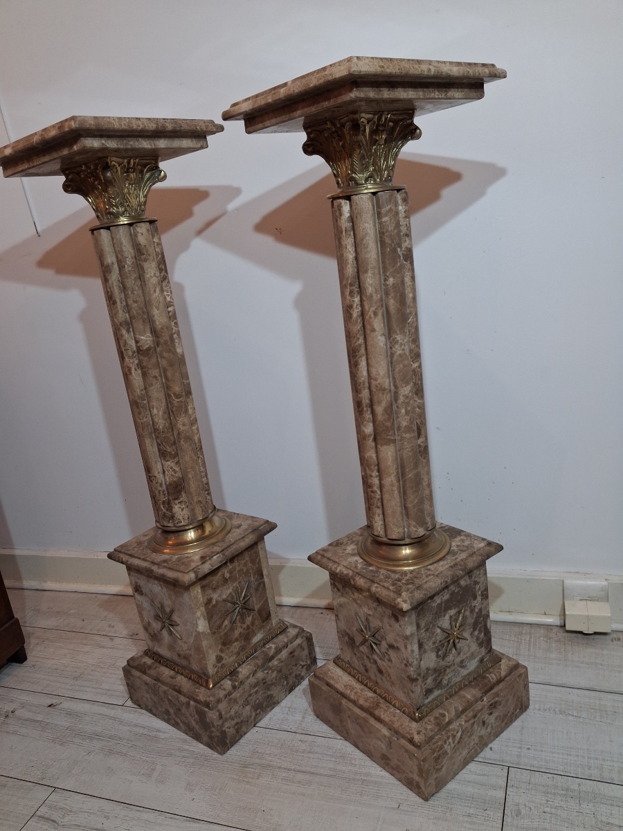 Paire de colonnes en marbre , chapiteau corinthien en bronze , base carrée  XXème-photo-6