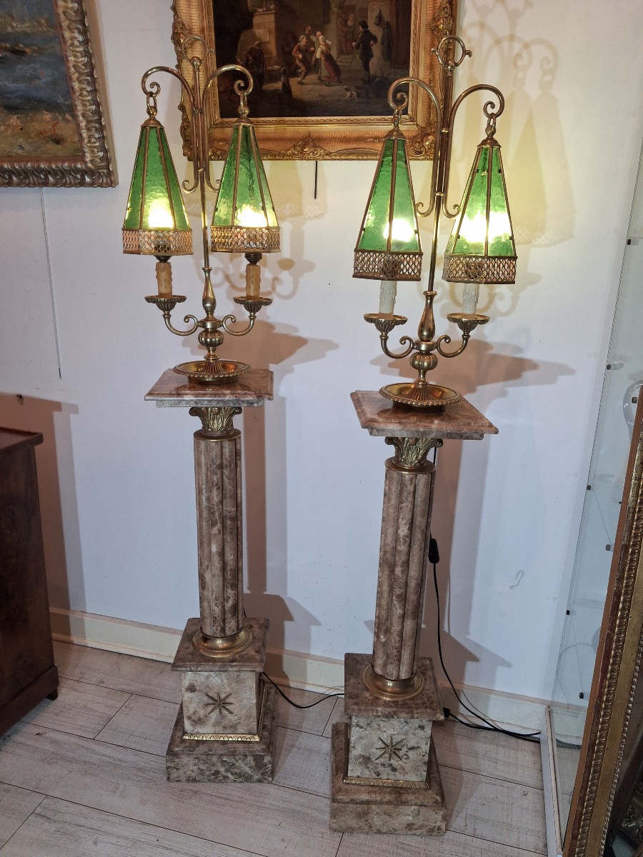 Paire de colonnes en marbre , chapiteau corinthien en bronze , base carrée  XXème-photo-7