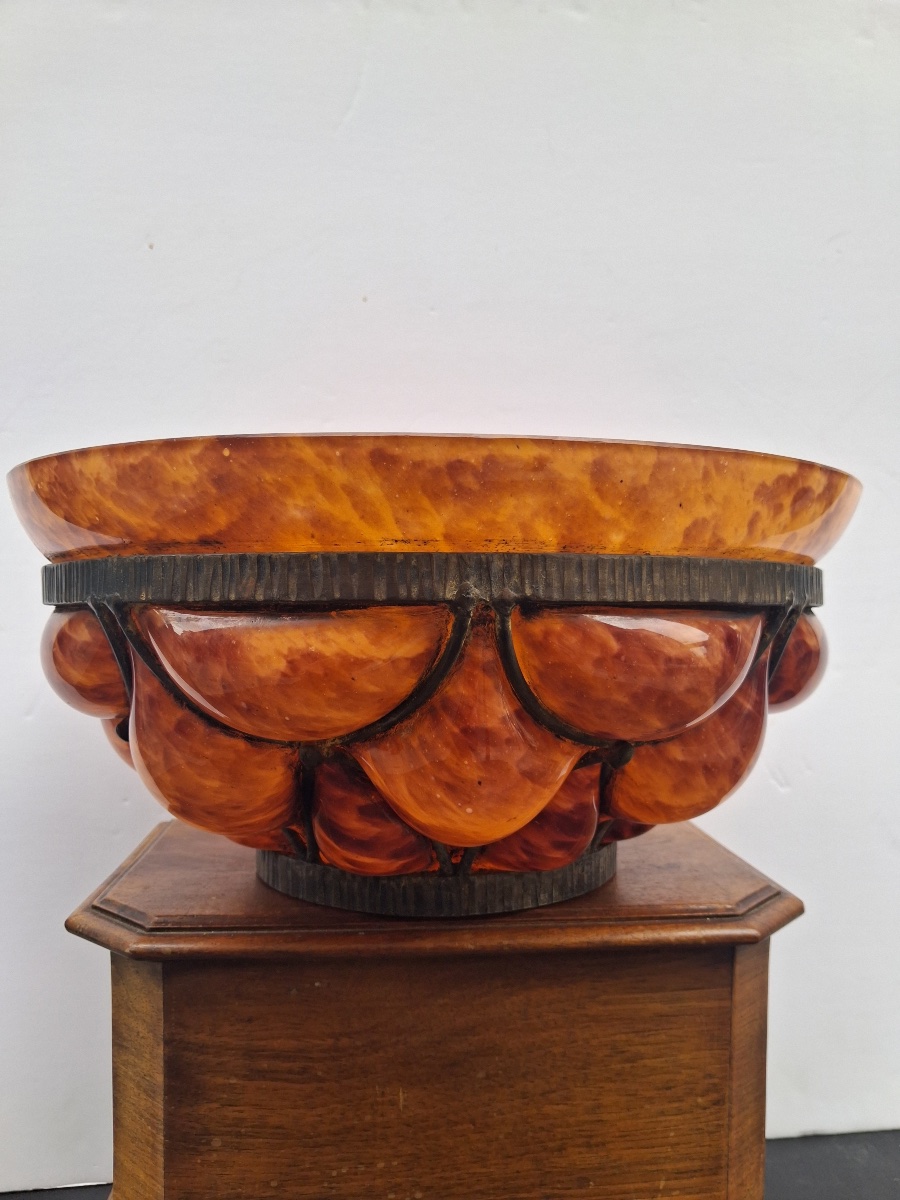 Delatte Nancy Large Round Goblet With Fluted Sides, Made Of Orange-tinted Glass, With A Chiseled Wrought-iron Base 