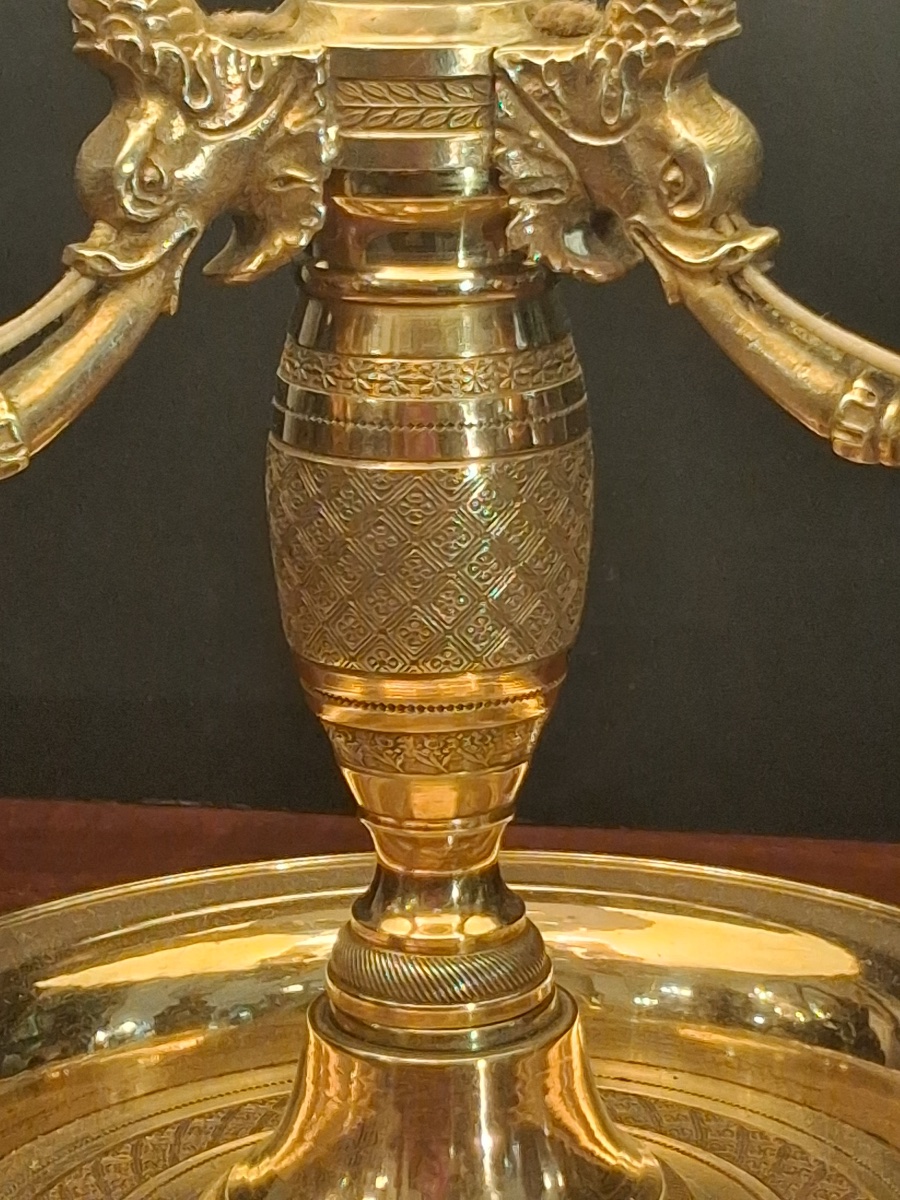 Three-light Hot-water Bottle Lamp With Three Dolphins, In Gilded Bronze, Late 19th-century Empire Style-photo-4
