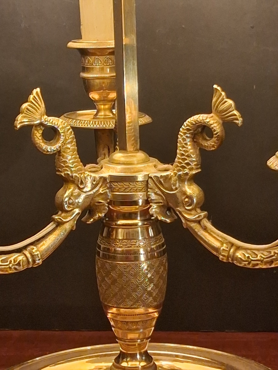 Three-light Hot-water Bottle Lamp With Three Dolphins, In Gilded Bronze, Late 19th-century Empire Style-photo-1