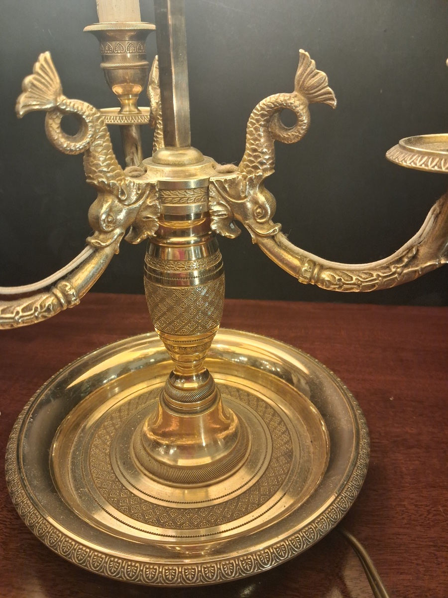 Three-light Hot-water Bottle Lamp With Three Dolphins, In Gilded Bronze, Late 19th-century Empire Style-photo-4