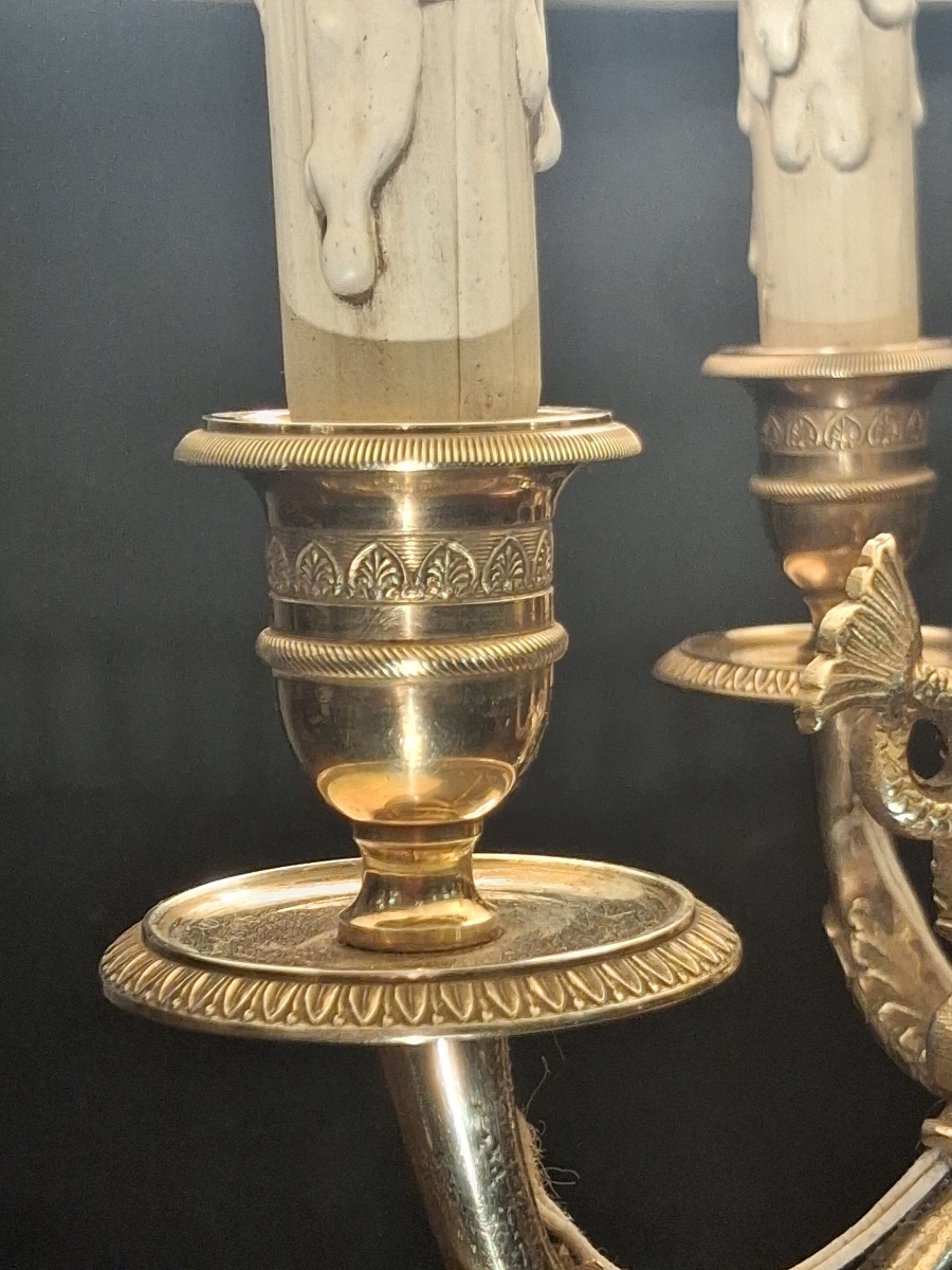 Three-light Hot-water Bottle Lamp With Three Dolphins, In Gilded Bronze, Late 19th-century Empire Style-photo-5