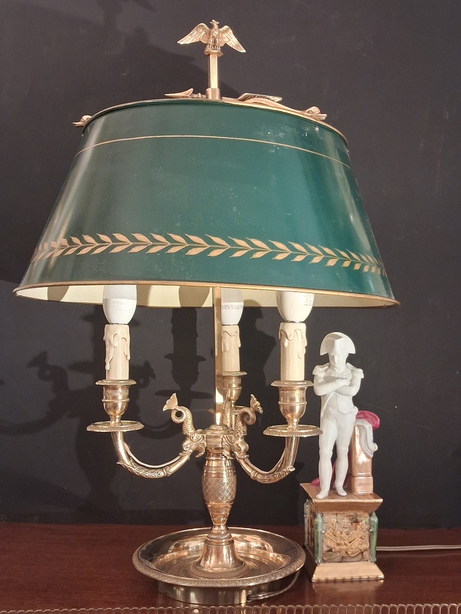 Three-light Hot-water Bottle Lamp With Three Dolphins, In Gilded Bronze, Late 19th-century Empire Style-photo-8