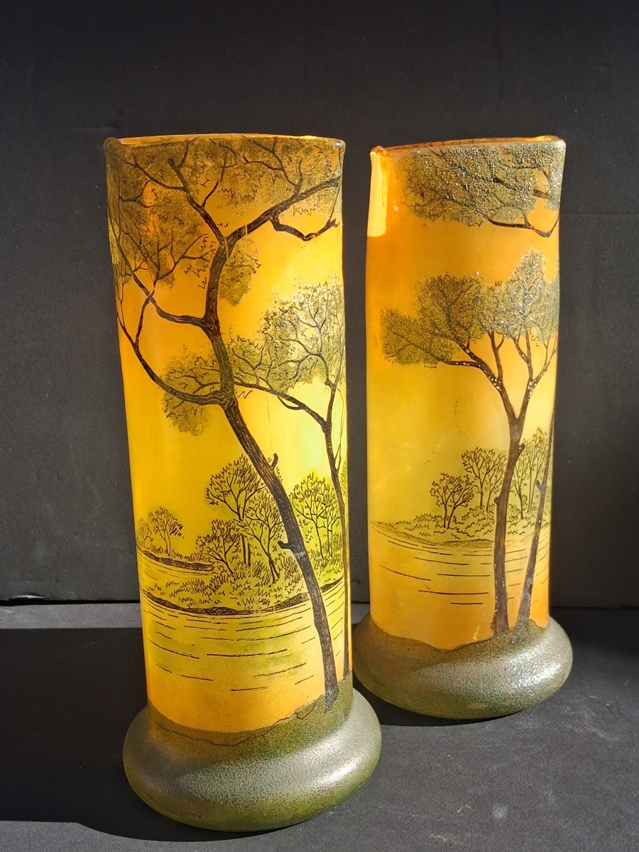 Legras ( attribué à ) paire de vases en verre émaillé -photo-3