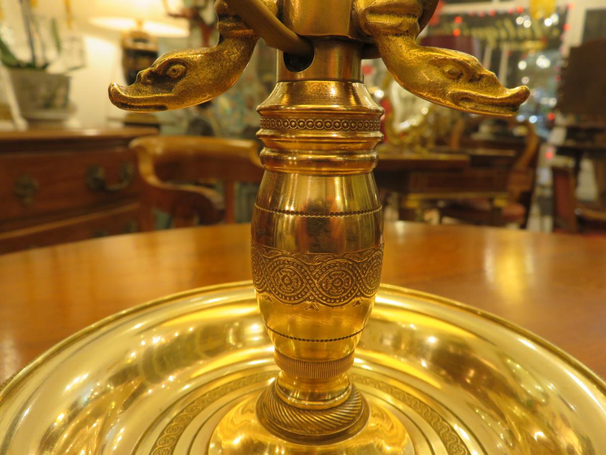 Lampe Bouillotte à Trois Feux , Tête De Cygne , En Bronze Doré  Début XXème-photo-1