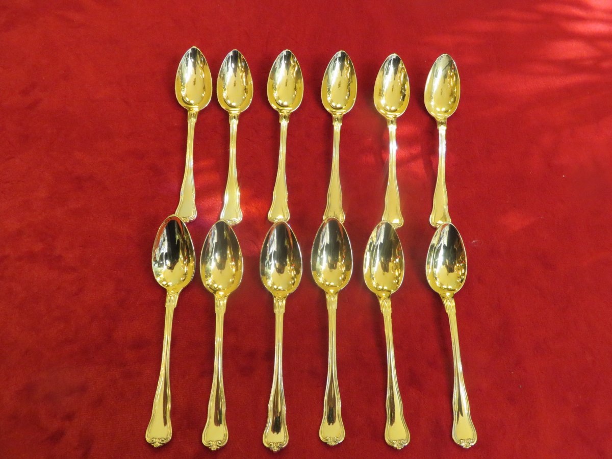 Set Of Twelve Teaspoons , In Vermeil , Minerve 1 Er Titre In Their Original Box XIX ème-photo-2