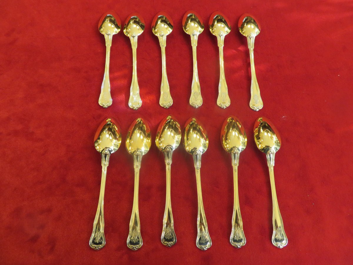 Set Of Twelve Teaspoons , In Vermeil , Minerve 1 Er Titre In Their Original Box XIX ème-photo-1