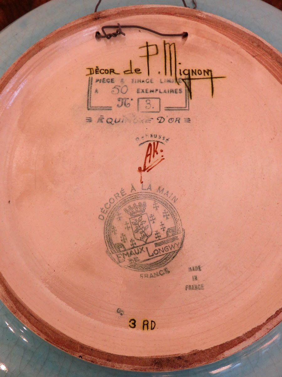 Grand plat en émaux de Longwy de  Paul Mignon (1930 - 2012 )  Rehaussé par A.kirchtetter-photo-4