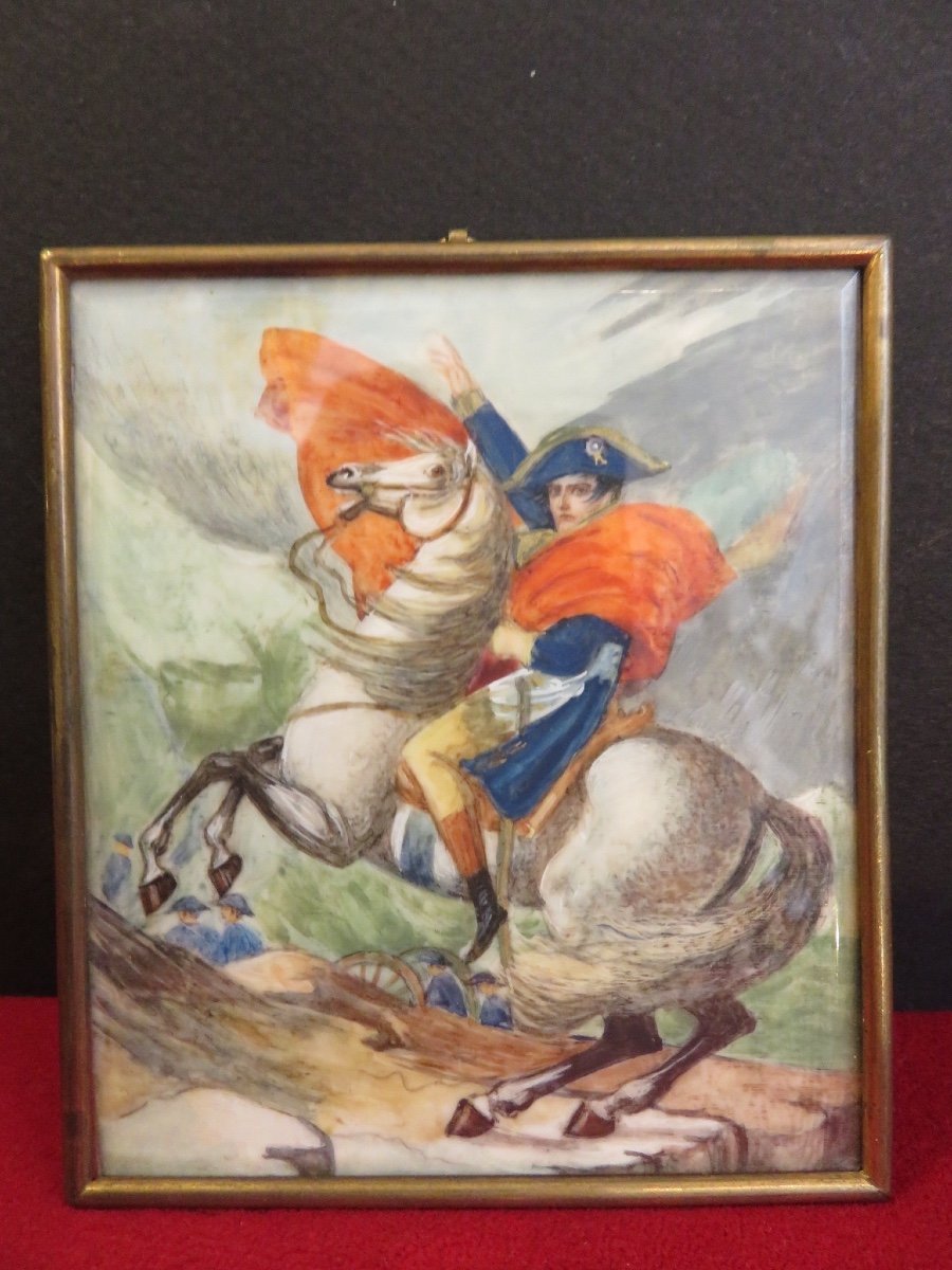 Portrait On Horseback Of Napoleon, Miniature Painted On Ivory, French School Of The XIXth.-photo-5