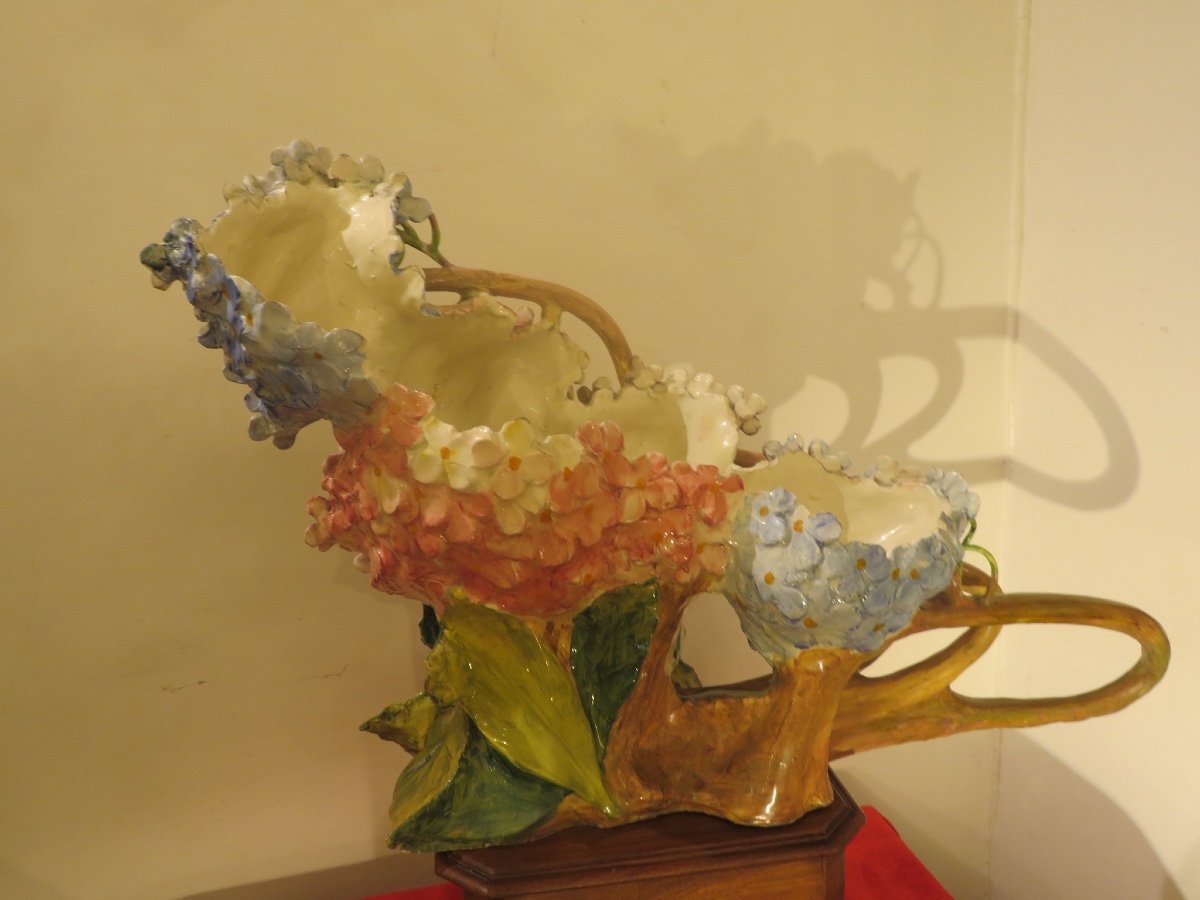 Jardiniere In Art Nouveau Slush: Bouquet Of Blue And Pink Hydrangeas-photo-3