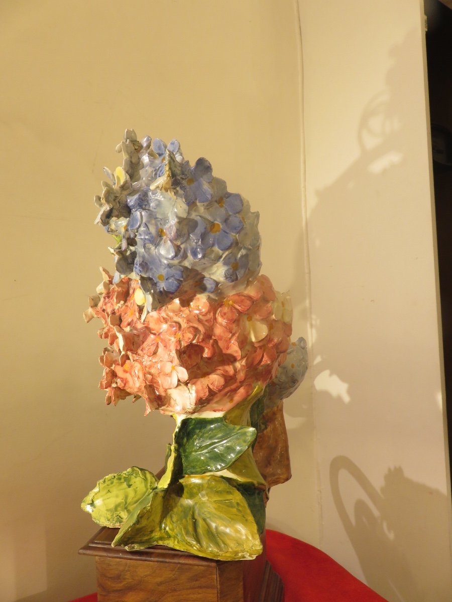 Jardiniere In Art Nouveau Slush: Bouquet Of Blue And Pink Hydrangeas-photo-2