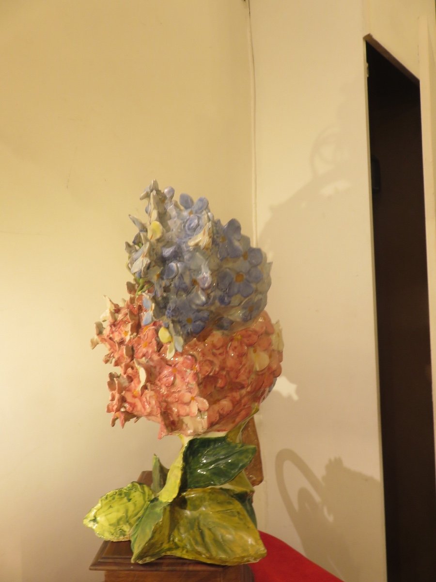 Jardinière En Barbotine Art Nouveau  : Bouquet d'Hortensias Bleus Et Rose -photo-5