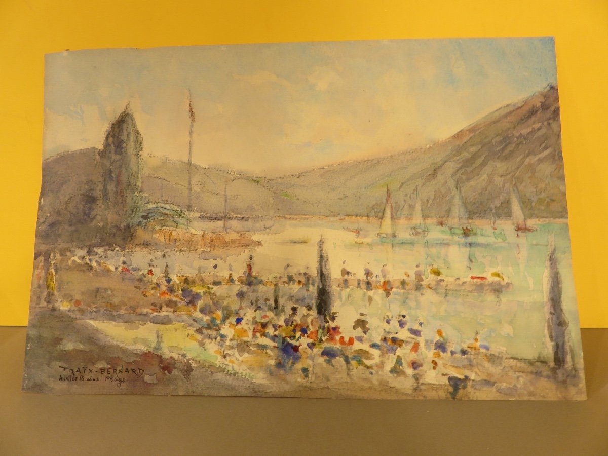 The Beach Of Aix - Les - Bains, Watercolor By Jean Bernard Pratx XX Th-photo-2