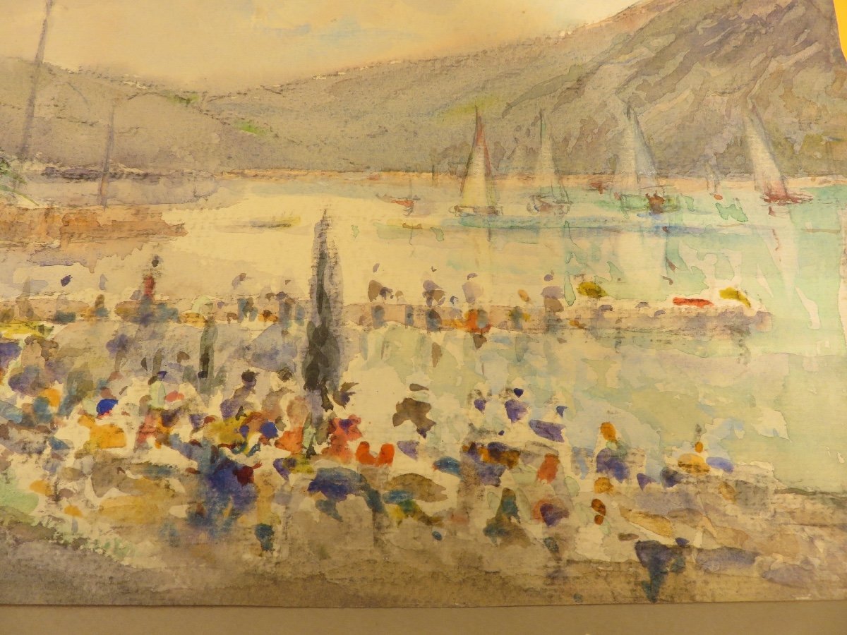 The Beach Of Aix - Les - Bains, Watercolor By Jean Bernard Pratx XX Th-photo-4