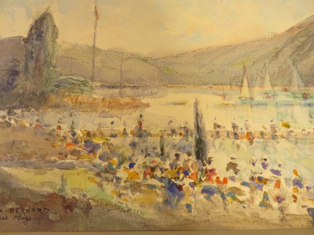 The Beach Of Aix - Les - Bains, Watercolor By Jean Bernard Pratx XX Th-photo-1