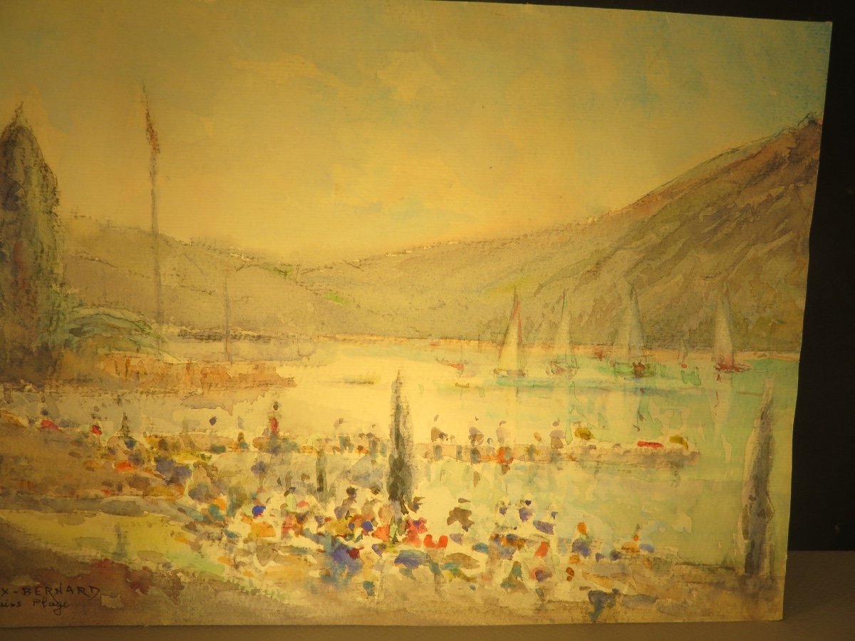 The Beach Of Aix - Les - Bains, Watercolor By Jean Bernard Pratx XX Th-photo-3