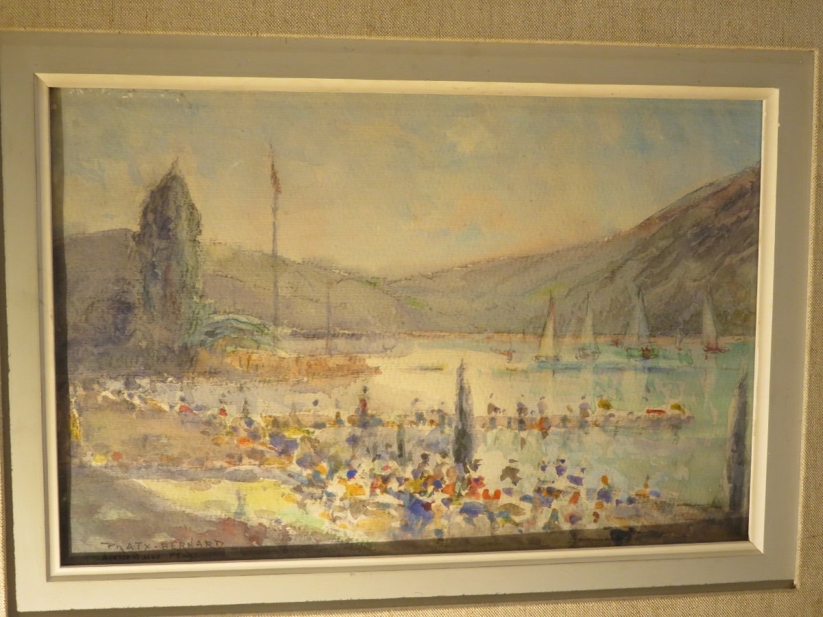 The Beach Of Aix - Les - Bains, Watercolor By Jean Bernard Pratx XX Th-photo-4