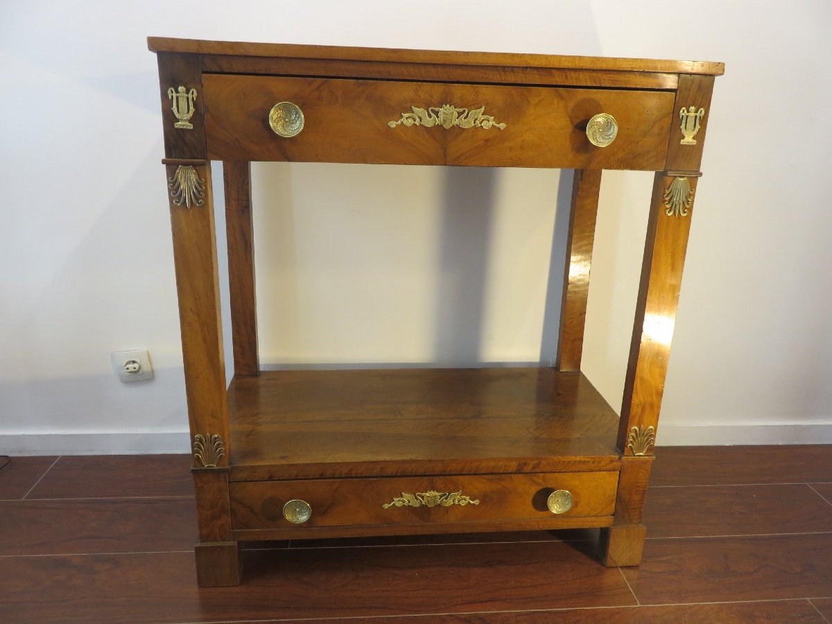 Empire Period Console With Double Drawers, In Solid Walnut And Burl Walnut-photo-2
