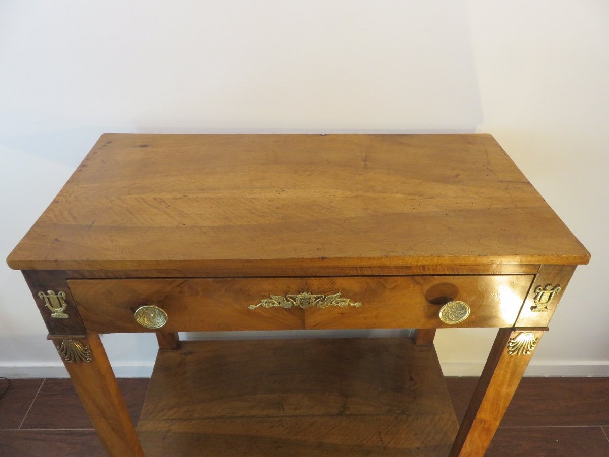 Empire Period Console With Double Drawers, In Solid Walnut And Burl Walnut-photo-3