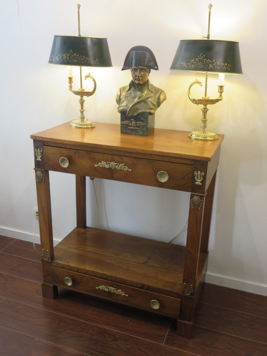 Empire Period Console With Double Drawers, In Solid Walnut And Burl Walnut-photo-7