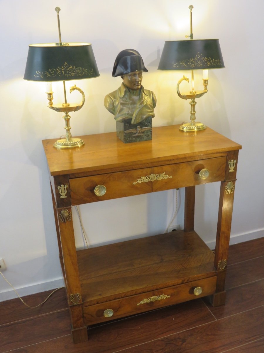 Empire Period Console With Double Drawers, In Solid Walnut And Burl Walnut