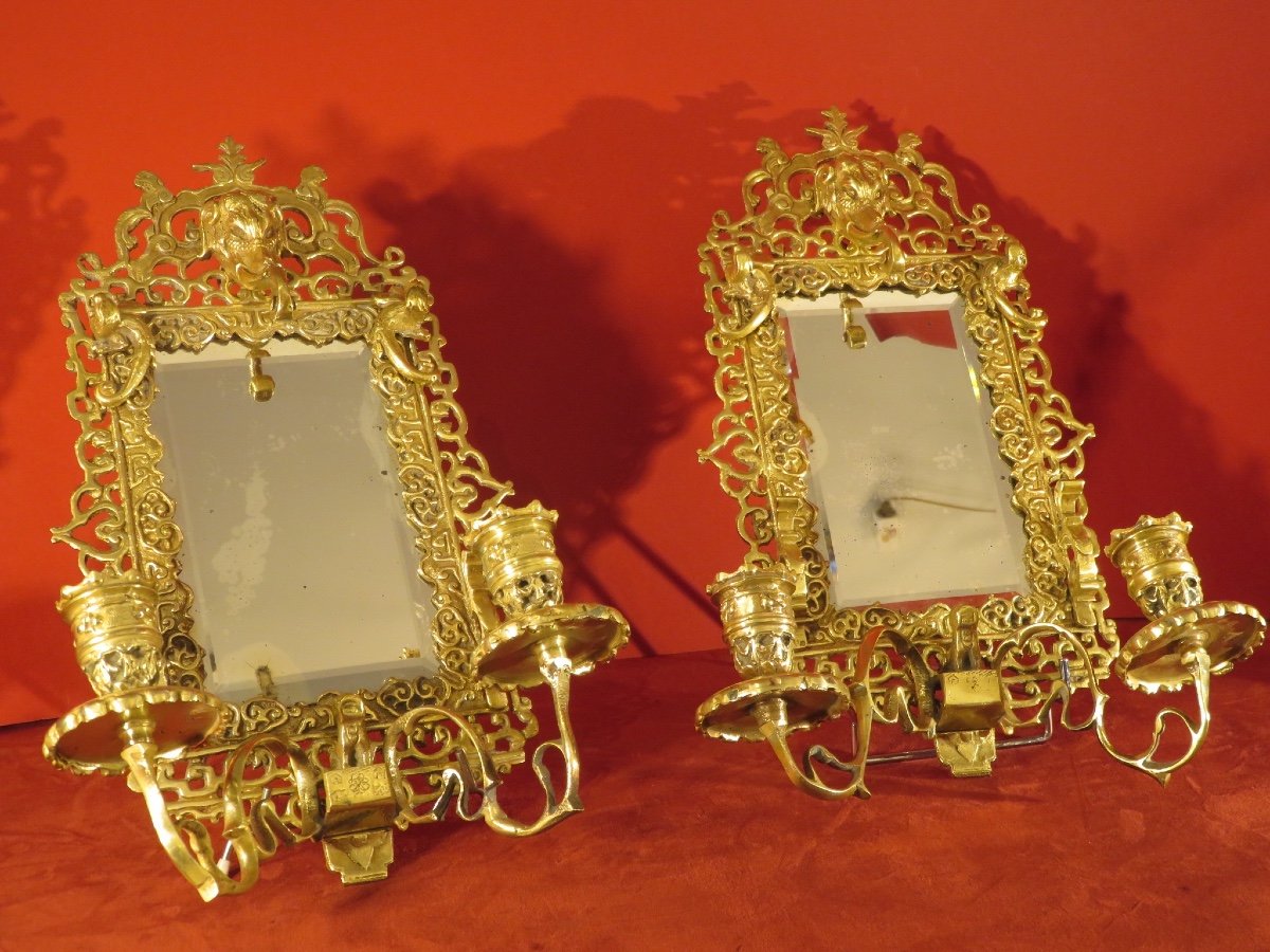 Paire d'appliques avec miroir biseauté décor tête d'éléphant   en bronze doré d'époque Napoléon III-photo-6