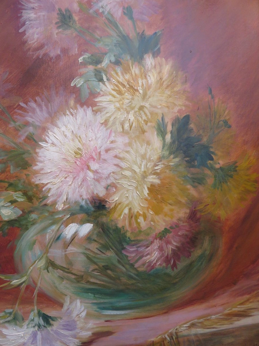 Oil On Canvas: Bouquet Of Chrysanthemums Signed By Andéol Marie Wolf (1859 - 1932)-photo-2
