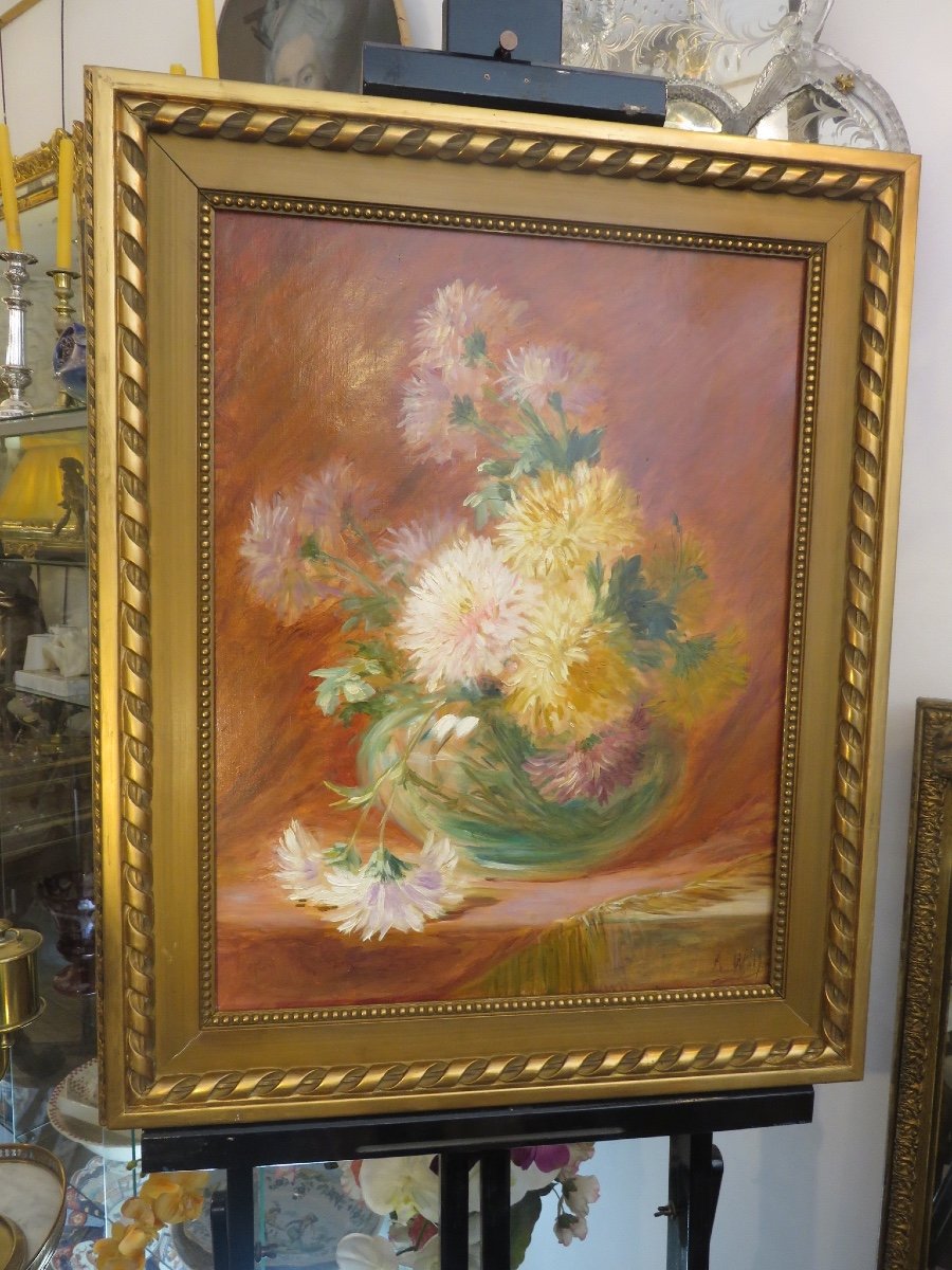 Oil On Canvas: Bouquet Of Chrysanthemums Signed By Andéol Marie Wolf (1859 - 1932)
