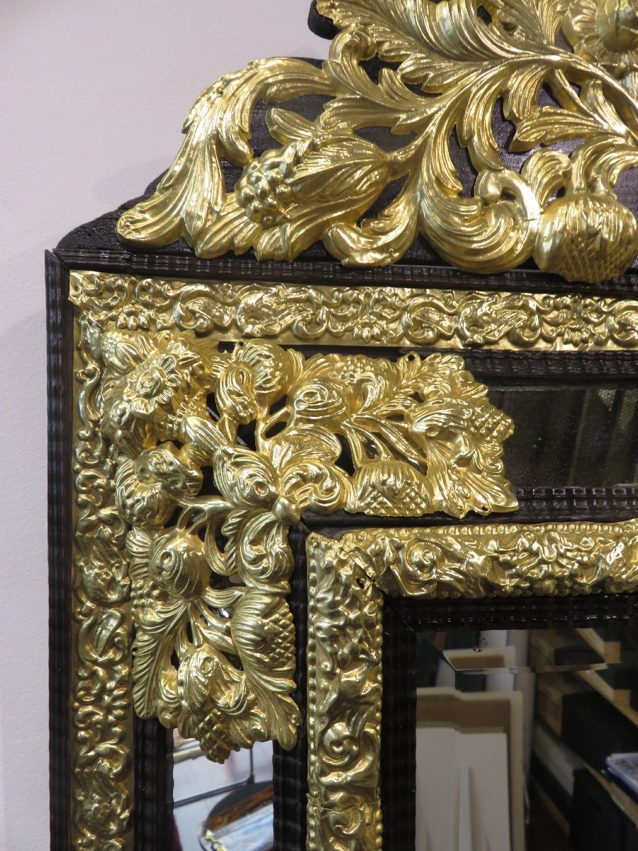 Large Mirror (ht 1.34 M) With Parecloses In Repoussé Brass And Ebony, Napoleon III Period-photo-4