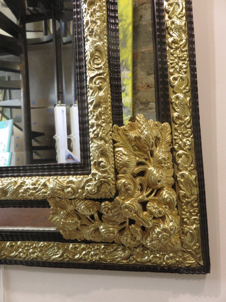 Large Mirror (ht 1.34 M) With Parecloses In Repoussé Brass And Ebony, Napoleon III Period-photo-1