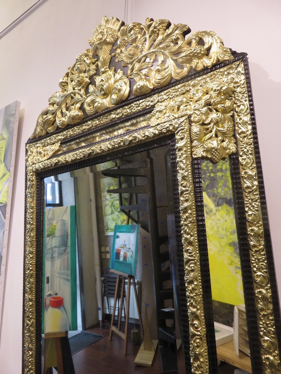 Large Mirror (ht 1.34 M) With Parecloses In Repoussé Brass And Ebony, Napoleon III Period-photo-5