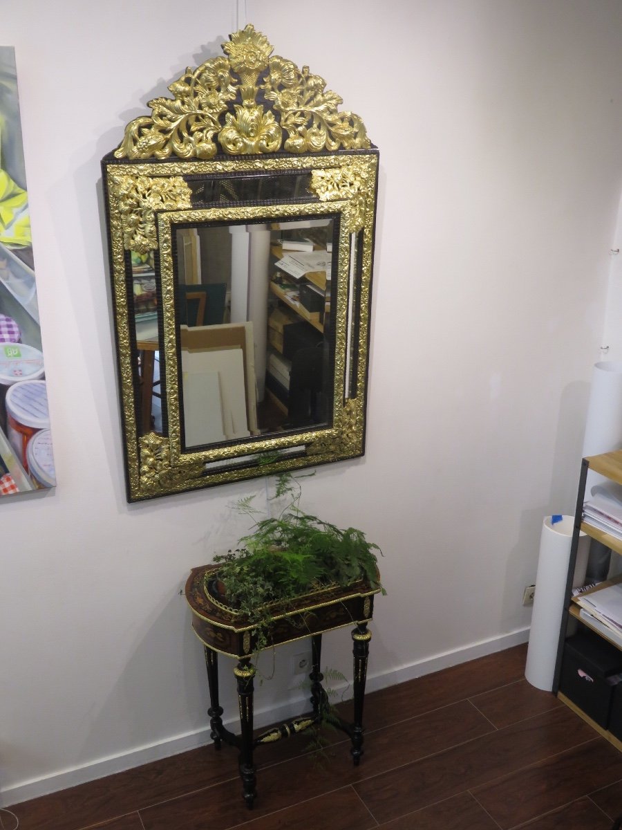 Large Mirror (ht 1.34 M) With Parecloses In Repoussé Brass And Ebony, Napoleon III Period-photo-7