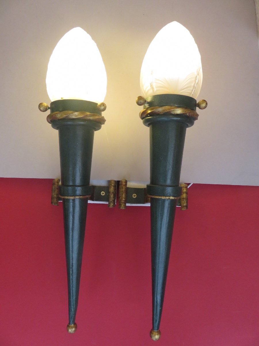 Pair Of Sconces In The Shape Of A Torchiere, In Double Patina Wrought Iron, With Their Globes