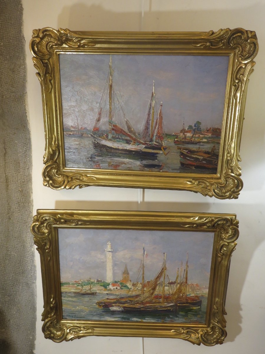 Paire de marines  ( Vendée ) de Jules Ribeaucourt ( 1862- 1932)  huiles sur toile signées-photo-7