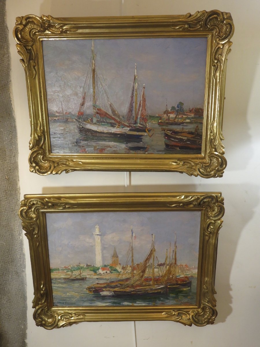 Paire de marines  ( Vendée ) de Jules Ribeaucourt ( 1862- 1932)  huiles sur toile signées