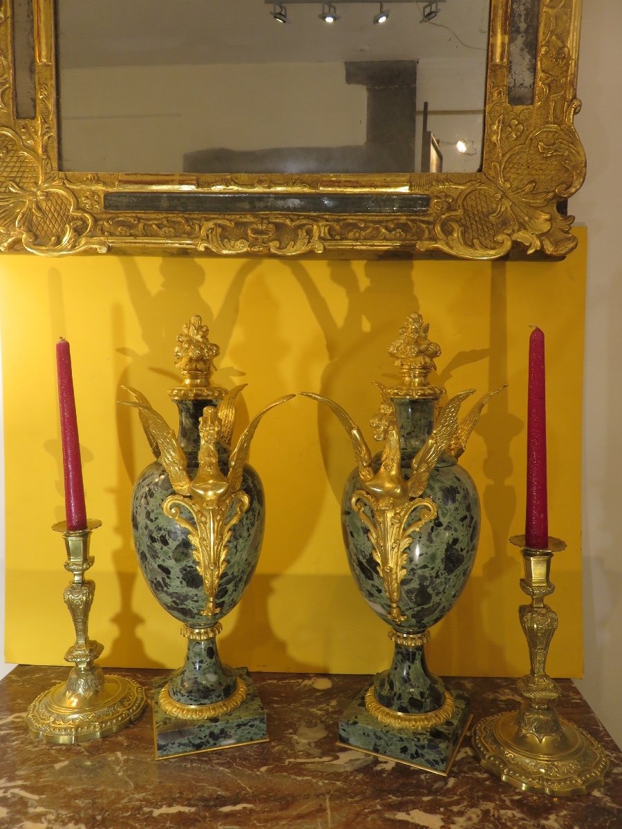 Pair Of Covered Cassolettes Ht 50 Cm, Marble Vases, Gilded Bronzes, Napoleon III Period-photo-1