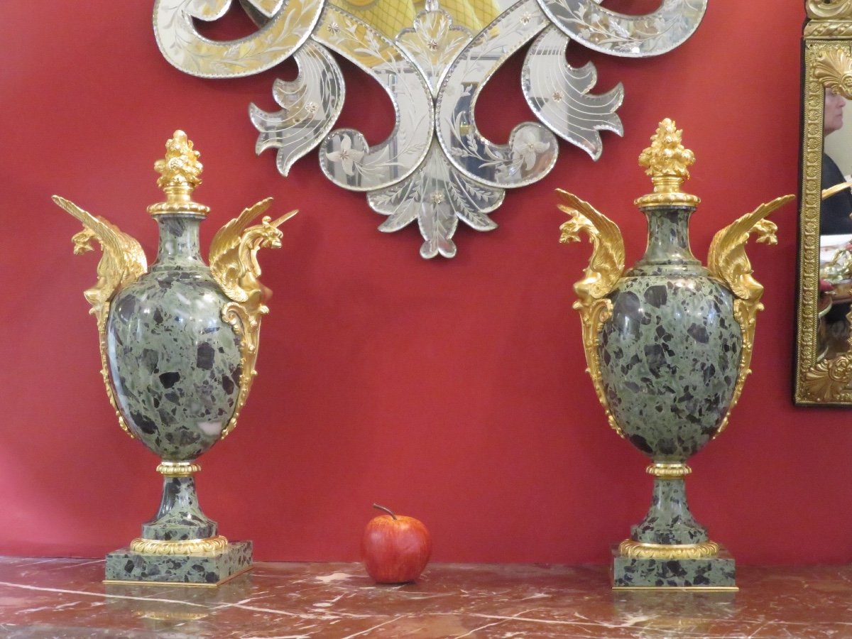 Pair Of Covered Cassolettes Ht 50 Cm, Marble Vases, Gilded Bronzes, Napoleon III Period