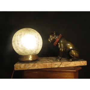 Night Light: Bulldog Sitting On A 20th Century Marble Base