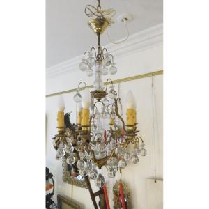 Chandelier With Six Arms Of Light In Bronze And Brass, With Three Floors, Round Pendants