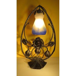 Art Nouveau Wrought Iron Lamp With Tulip Signed G. V. Croismare