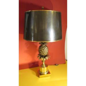 Pineapple Lamp Signed By Charles, In Bronze And Gilded Brass, Original Lampshade