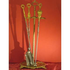 Fireplace Set In Gilded Bronze And Wrought Iron With Its Three 19th Century Elements