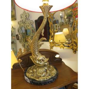 Dolphin Lamp In Gilded Bronze (height With Socket 53 Cm) Marble Base XX Th