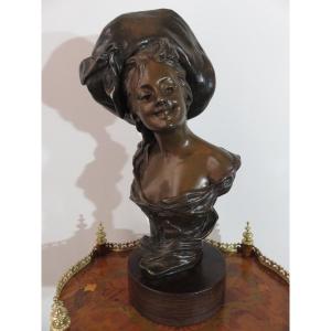 Bronze : Buste de jeune femme au chapeau de Van der Straeten ( 1856 - 1941)
