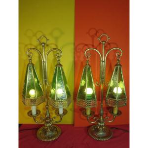 Pair Of Lamps With Double Lights, In The Shape Of A Pagoda, In Brass And Hammered Glass Ht: 67 Cm