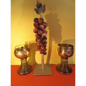 Two Alsatian White Wine Glasses In Fine Gold-plated Crystal