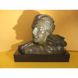 Art Deco Bronze By Alexandre Ouline, Bust Of A Man, Fondeur Patrouilleau